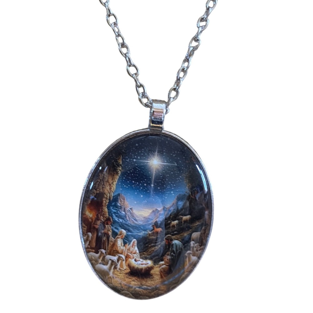 Nativity Scene Christmas Star Silver Tone Oval Cabochon Pendant Necklace Gift